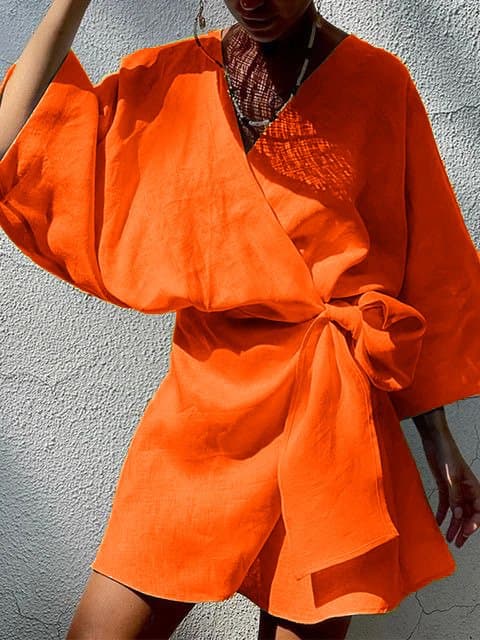 Kadın Fakir Kol Fiyonk Fetay Keten Kumaş Mini Kimono Elbise