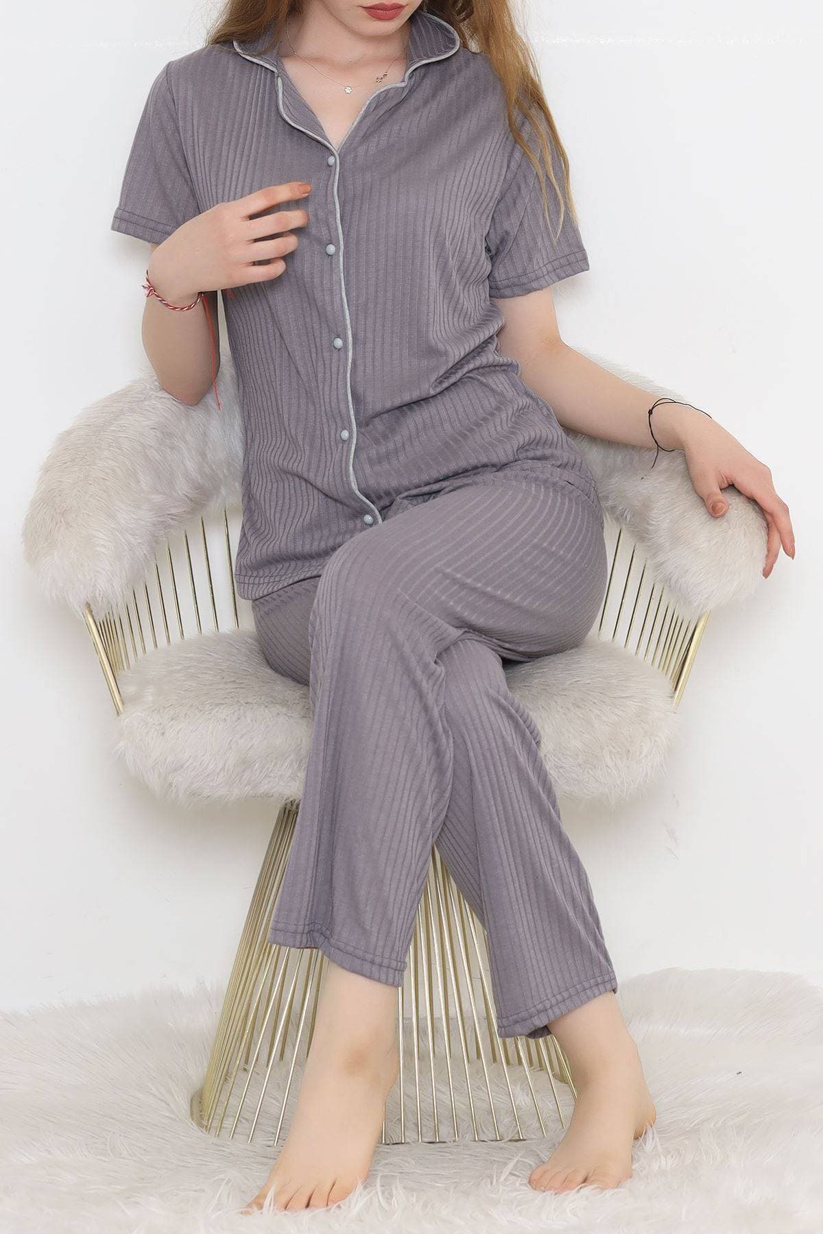 Fitilli Düğmeli Pijama Takımı Koyugri