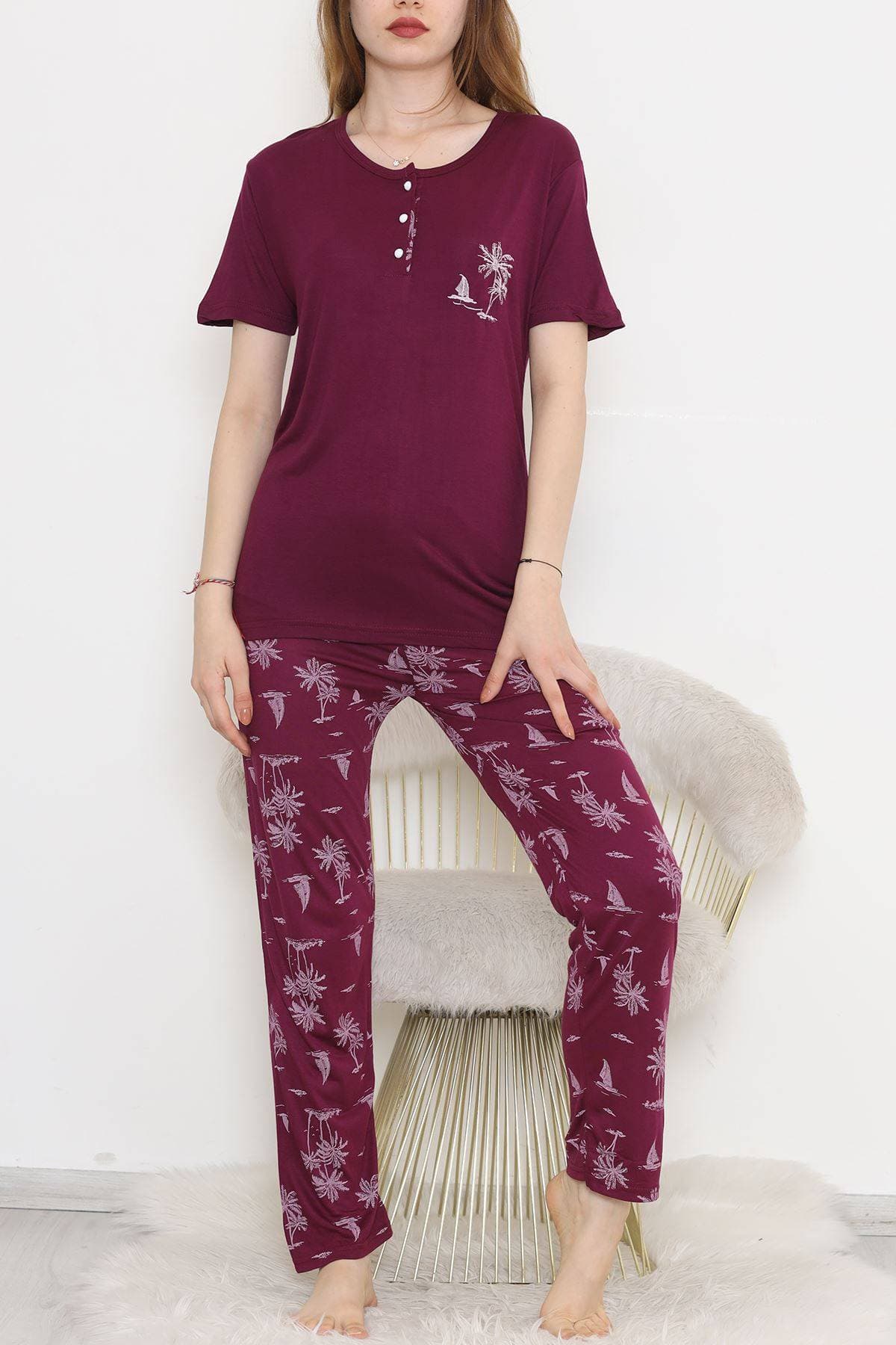 Desenli Pijama Takımı Mor