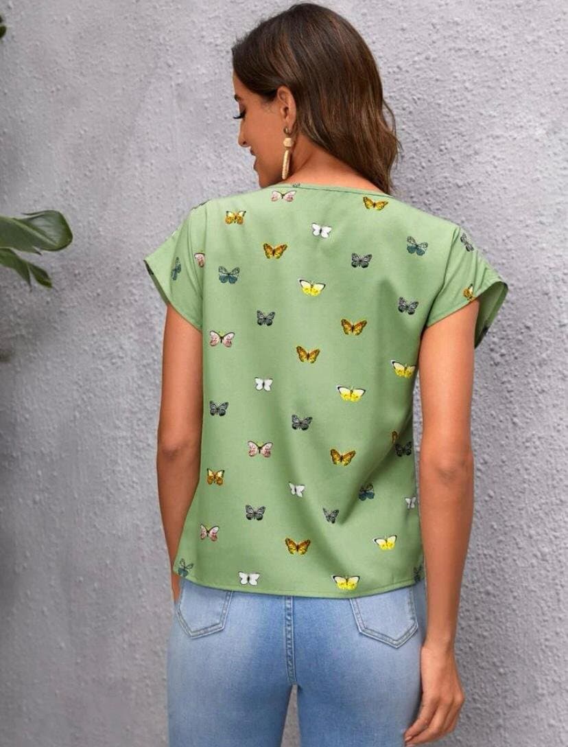 Kadın Kelebek Desenli Moskrep Kumaş T-Shirt
