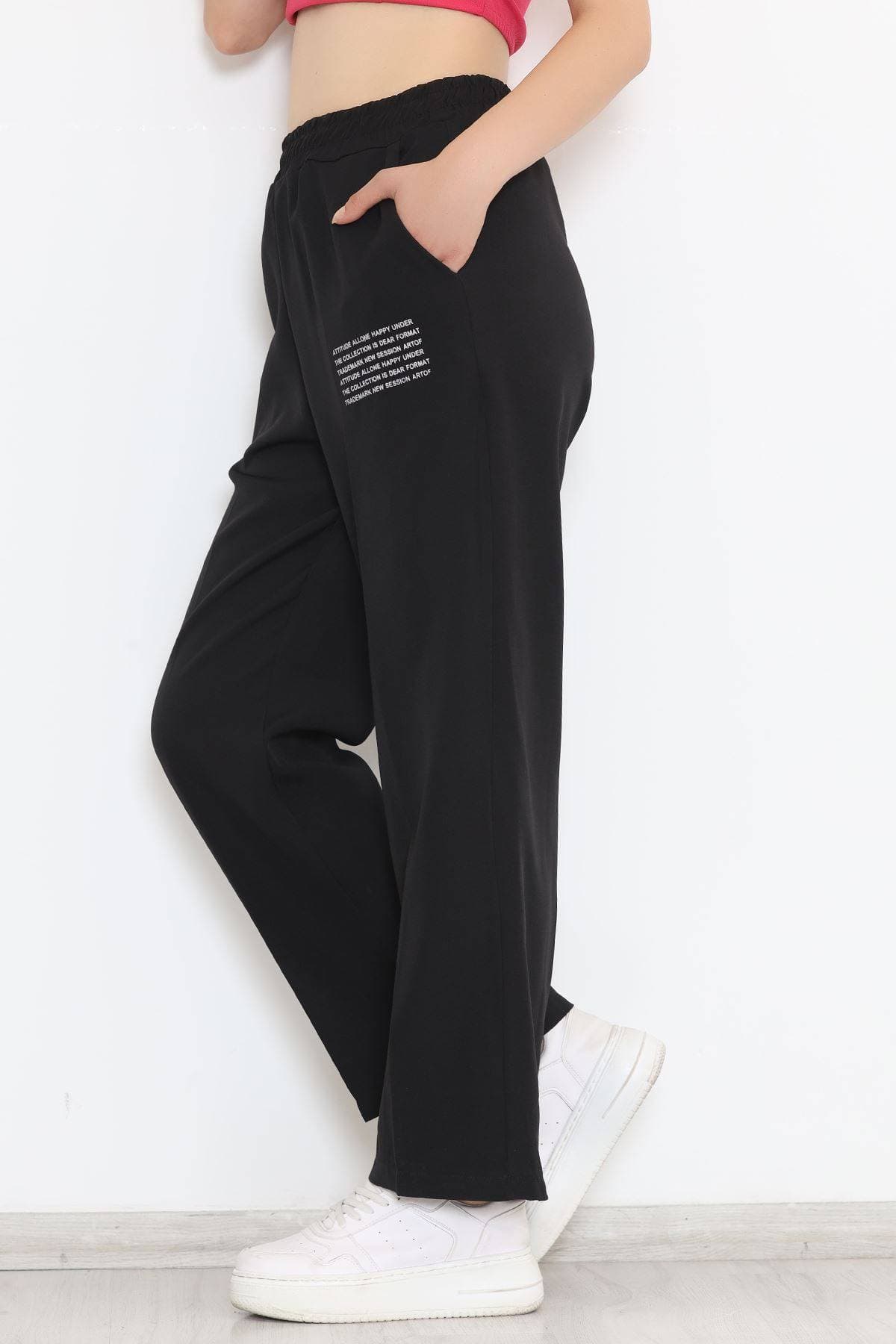 Beli Lastikli Baskılı Pantolon Siyah