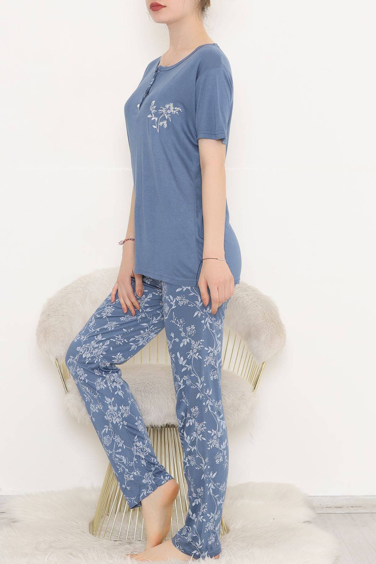 Desenli Pijama Takımı İndigobeyaz