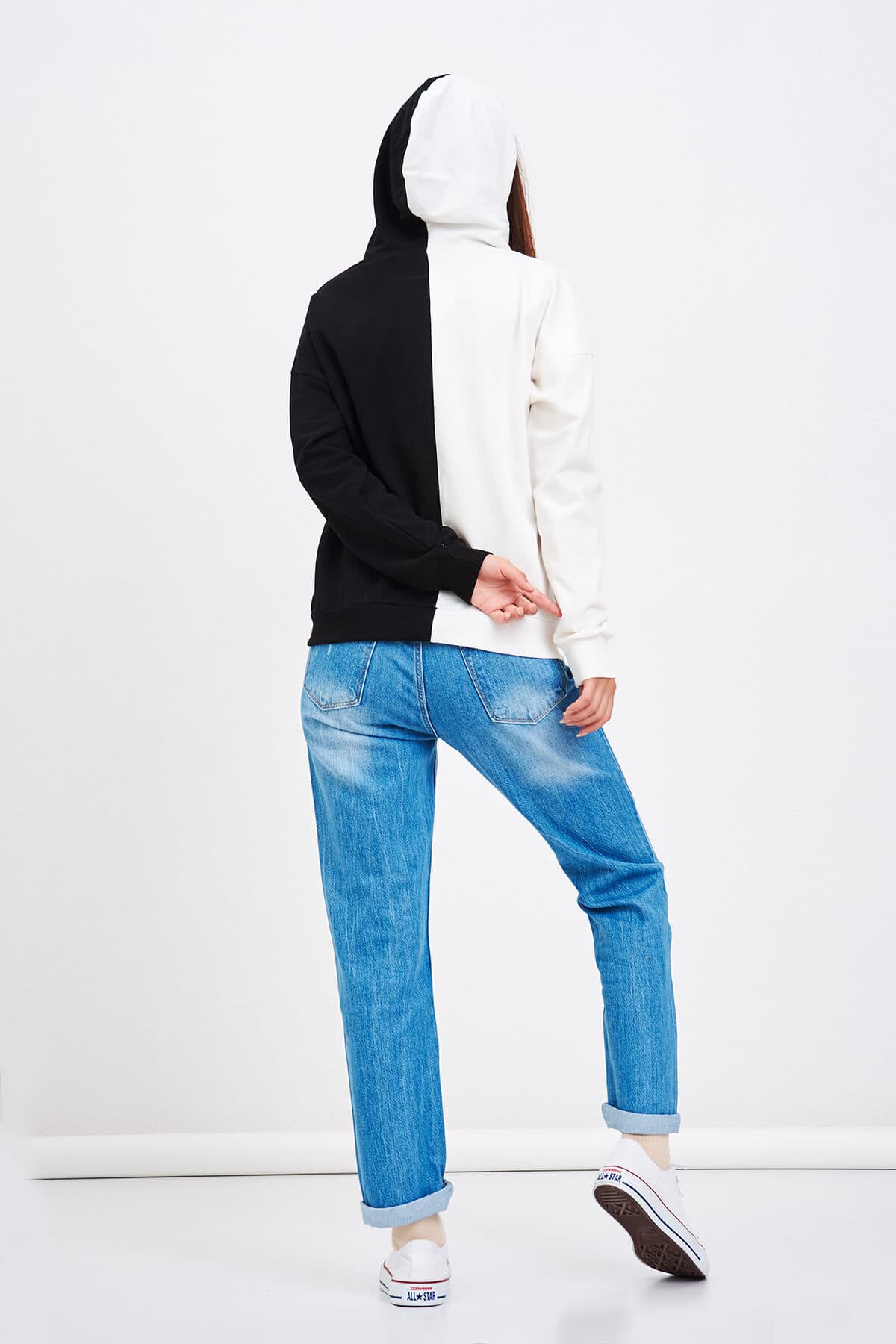 Çift Renk Baskılı Sweatshirt Siyah