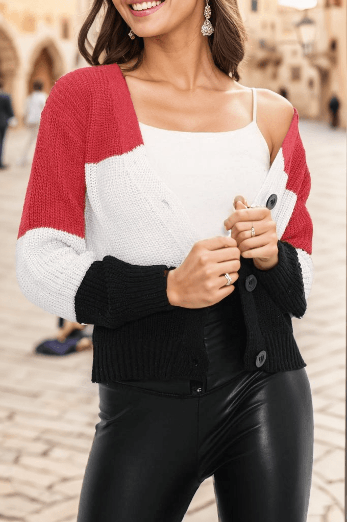 Üç Renk Crop Hırka Kırmızı