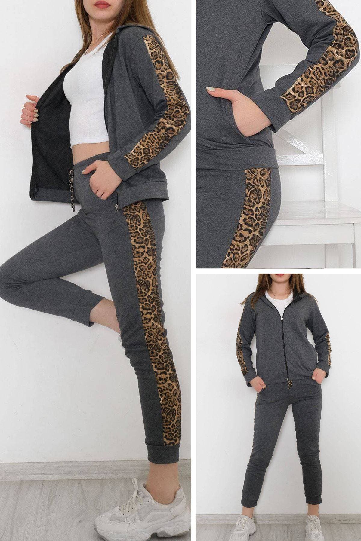 Leopar Detaylı Fermuarlı Takım Antrasit