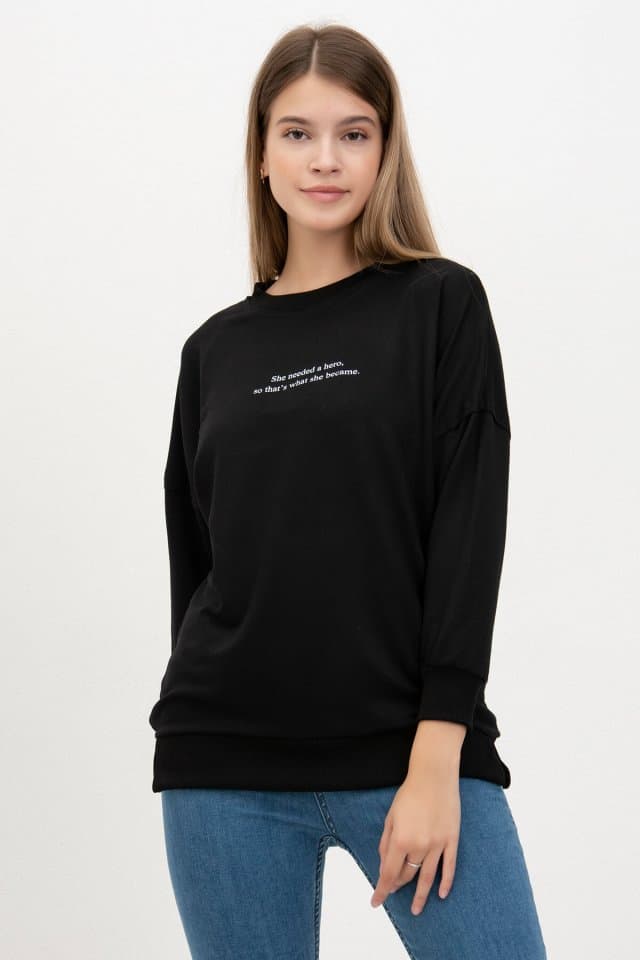 Yazı Baskılı Sweat Siyah