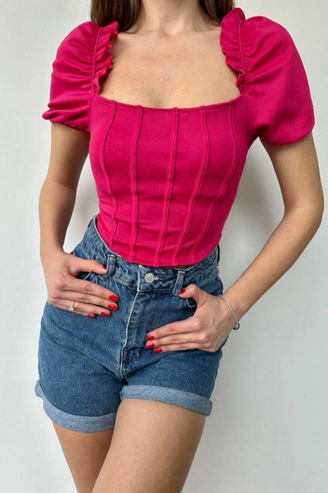 Balon Kol Büstiyer Crop Fuşya