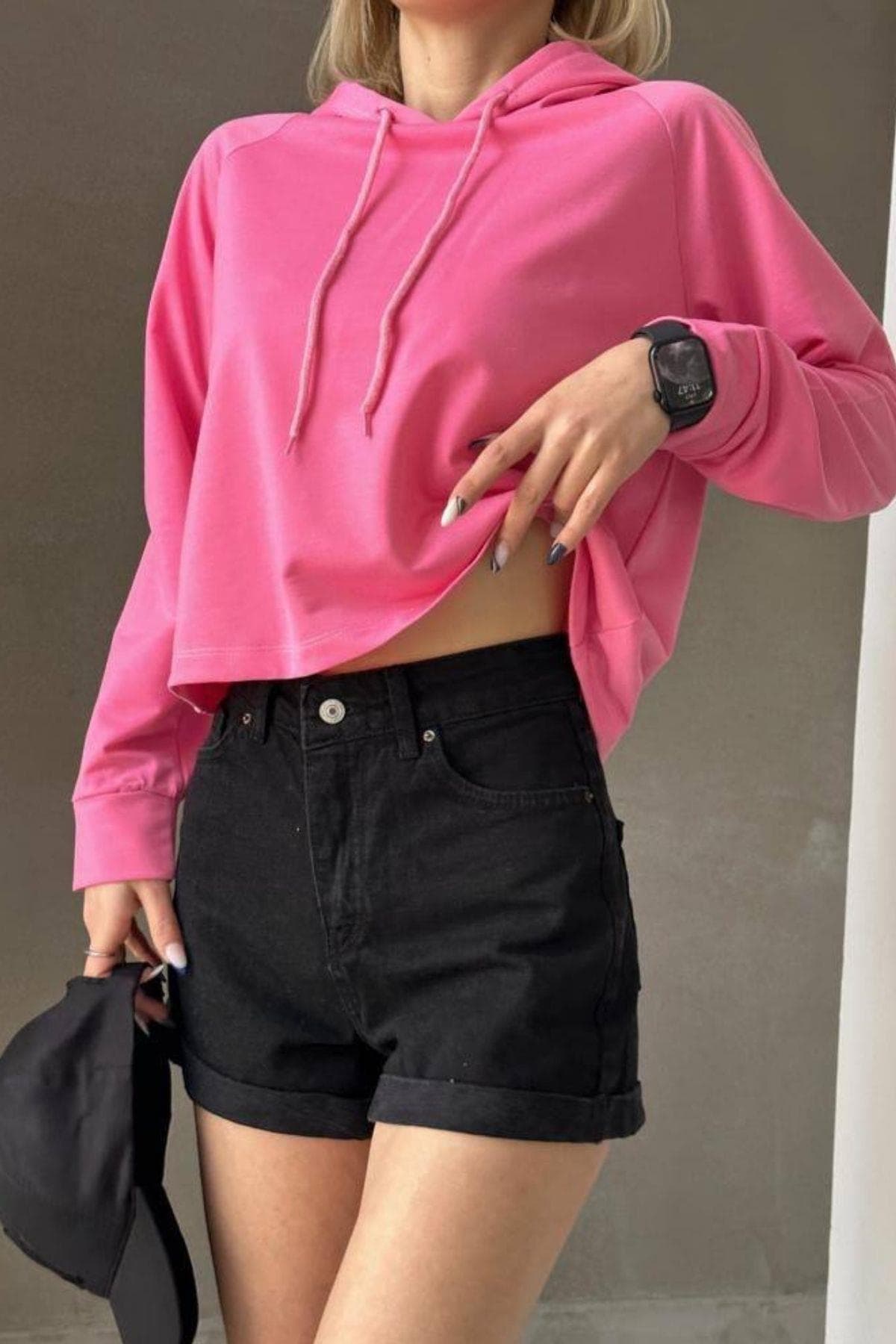 Kapşonlu İki İplik Sweatshirt Kadın Sweat Pembe