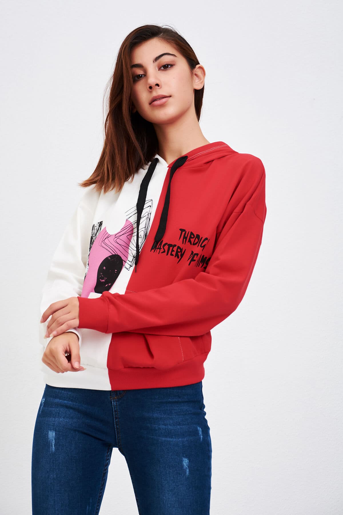 Çift Renk Baskılı Sweatshirt Kırmızı