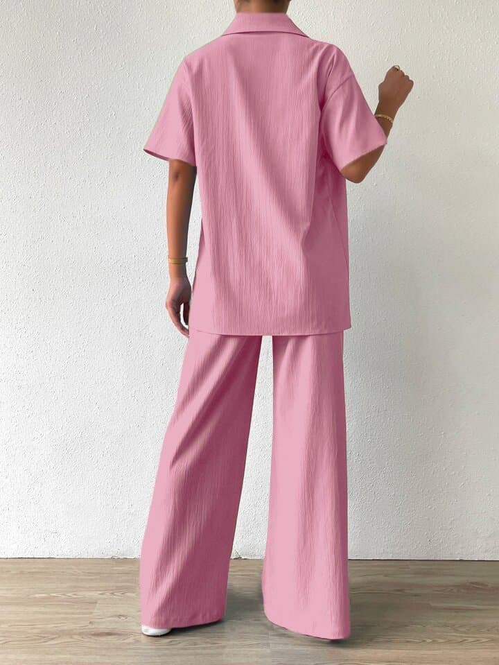 Kadın Polo Yaka Bürümcük Kumaş Gömlek Pantolon İkili Takım