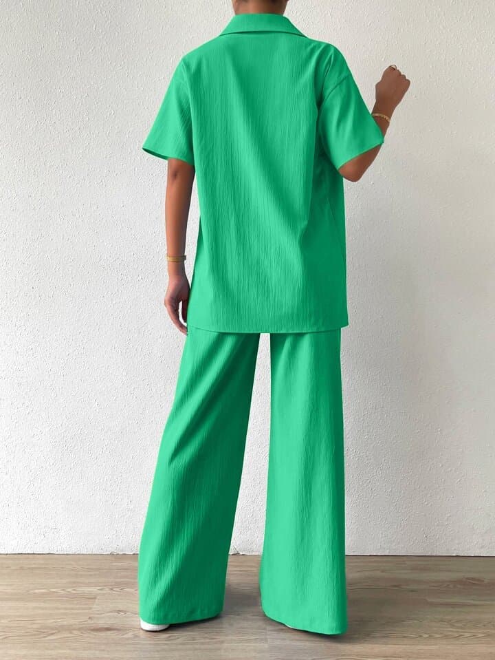 Kadın Polo Yaka Bürümcük Kumaş Gömlek Pantolon İkili Takım