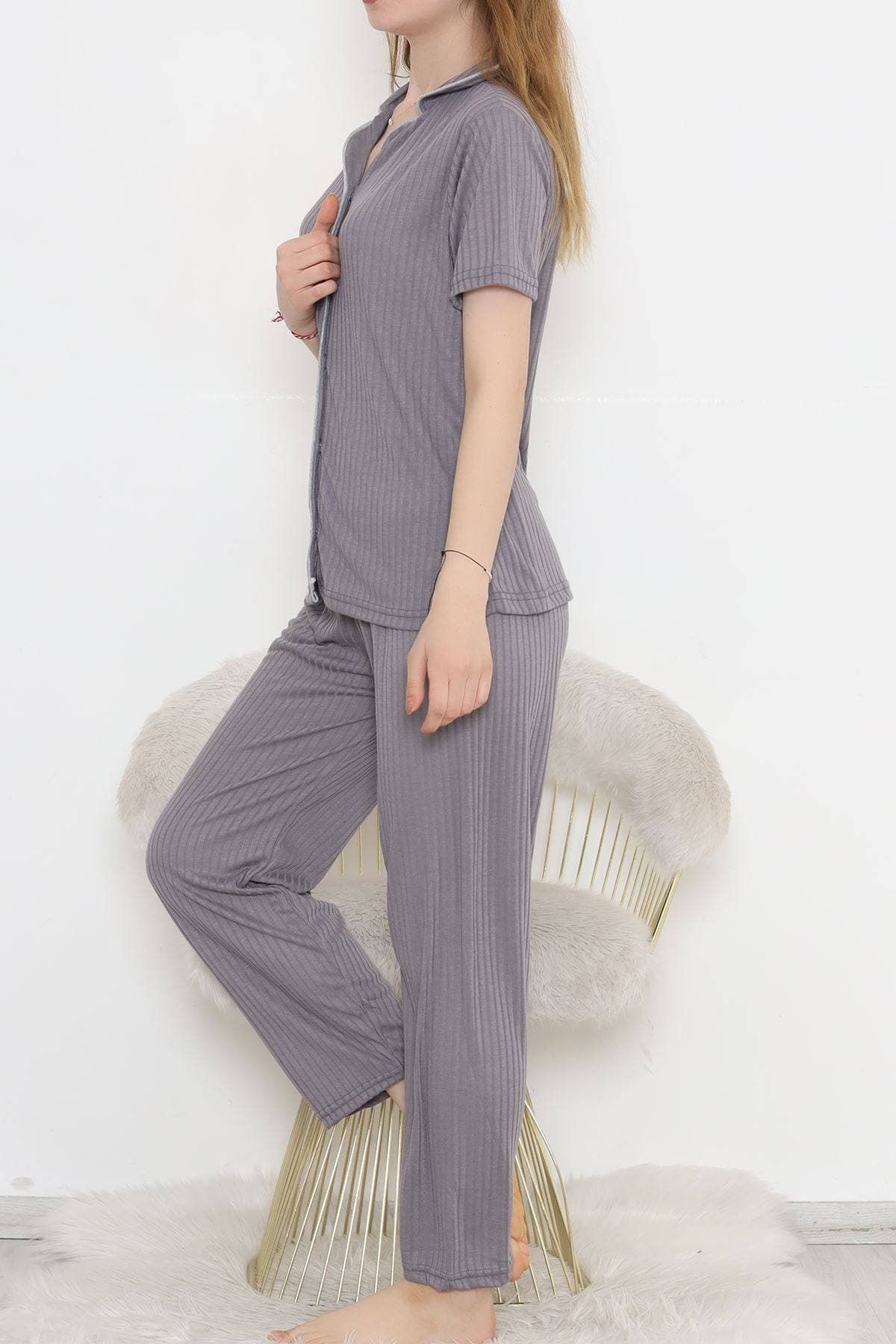 Fitilli Düğmeli Pijama Takımı Koyugri