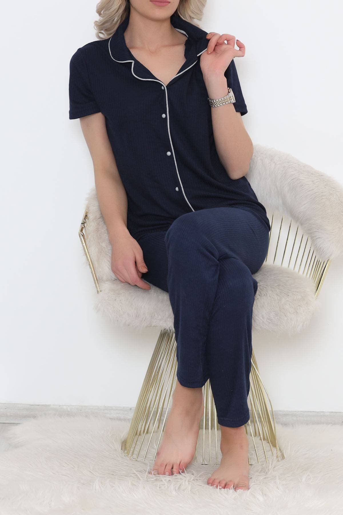 Fitilli Düğmeli Pijama Takımı Koyulaci