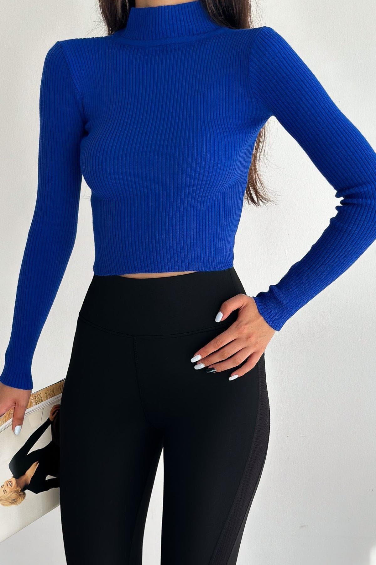 Dik Yaka Uzun Kollu Fitilli Crop Triko Saks