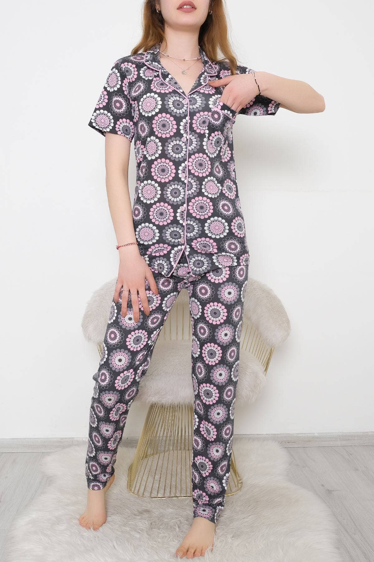 Düğmeli Pijama Takımı Fümepembe