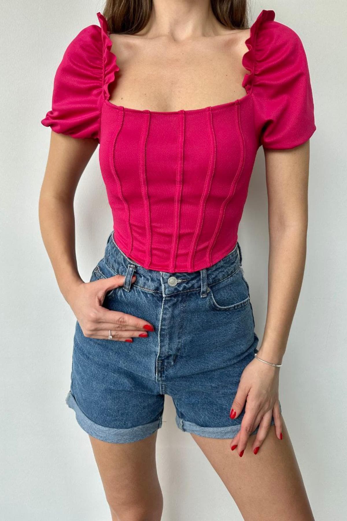 Balon Kol Büstiyer Crop Fuşya