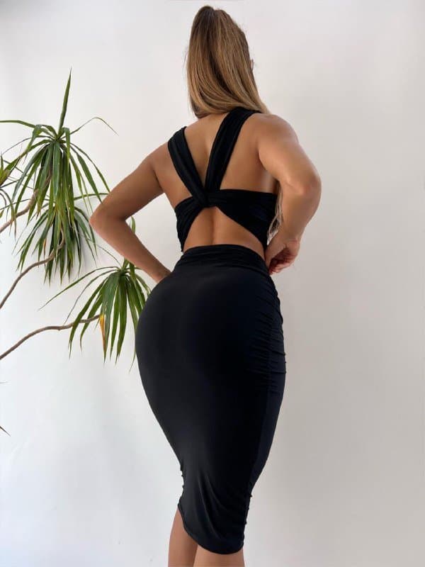 Kadın Sırt Dekolte Detay Crop Midi Boy Etek Sandy Kumaş Ikili Takım