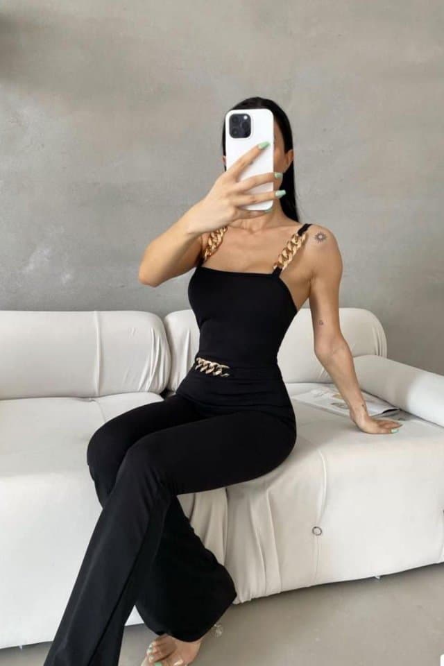 Kalın Zincir Chain Askılı İspanyol Paça Krep Tulum Siyah