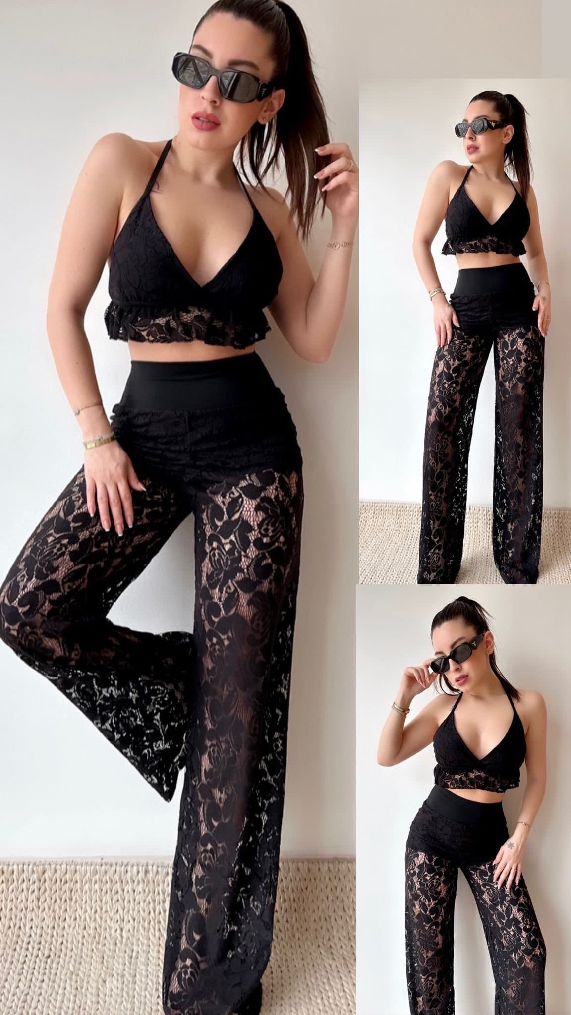 Kadın Crop Ve Pantolon Dantel Kumaş Maxi Boy Ikili Takım