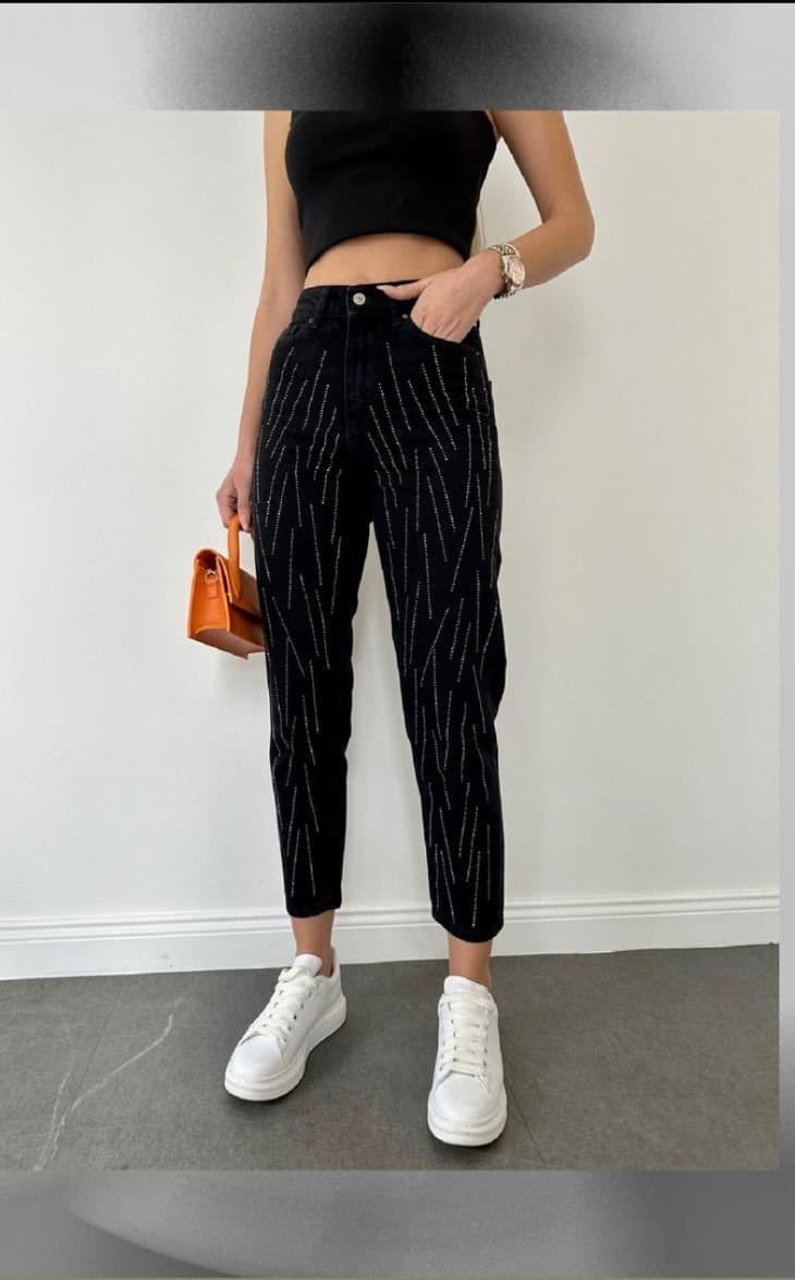 Kadın Yüksek Bel Taş çubuk Taş Işlemeli Mom Jeans Kot Pantolon