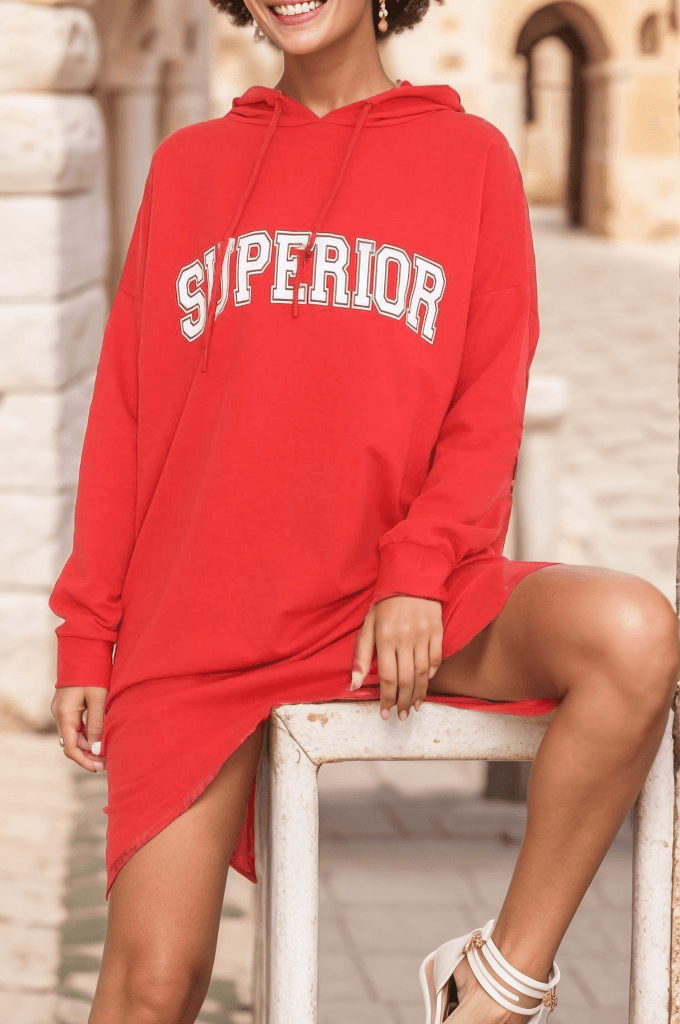 Baskılı Kapşonlu Sweat Kırmızı